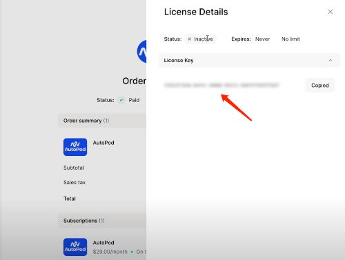 copy autopod license key