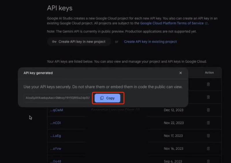 copy API key from Google AI Studio