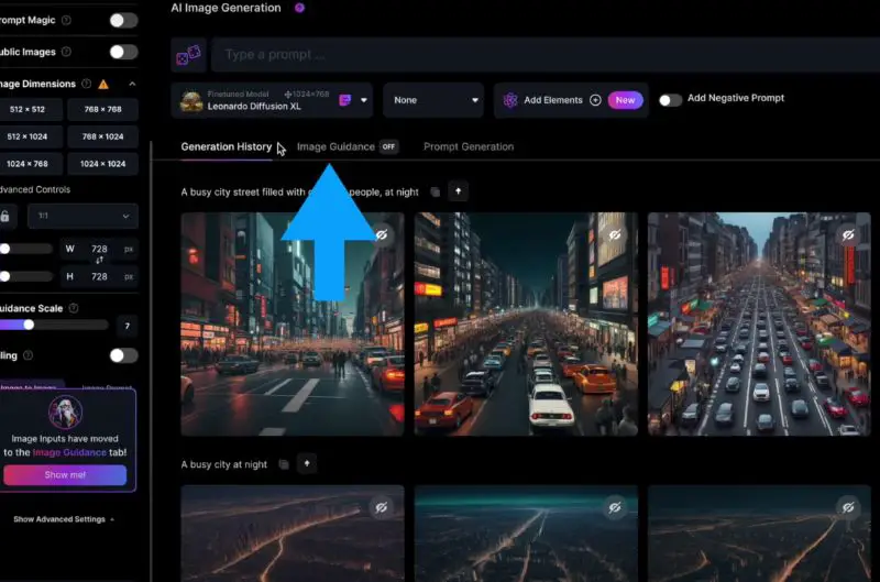 Click on Image Guidance leonardo image generation dashboard