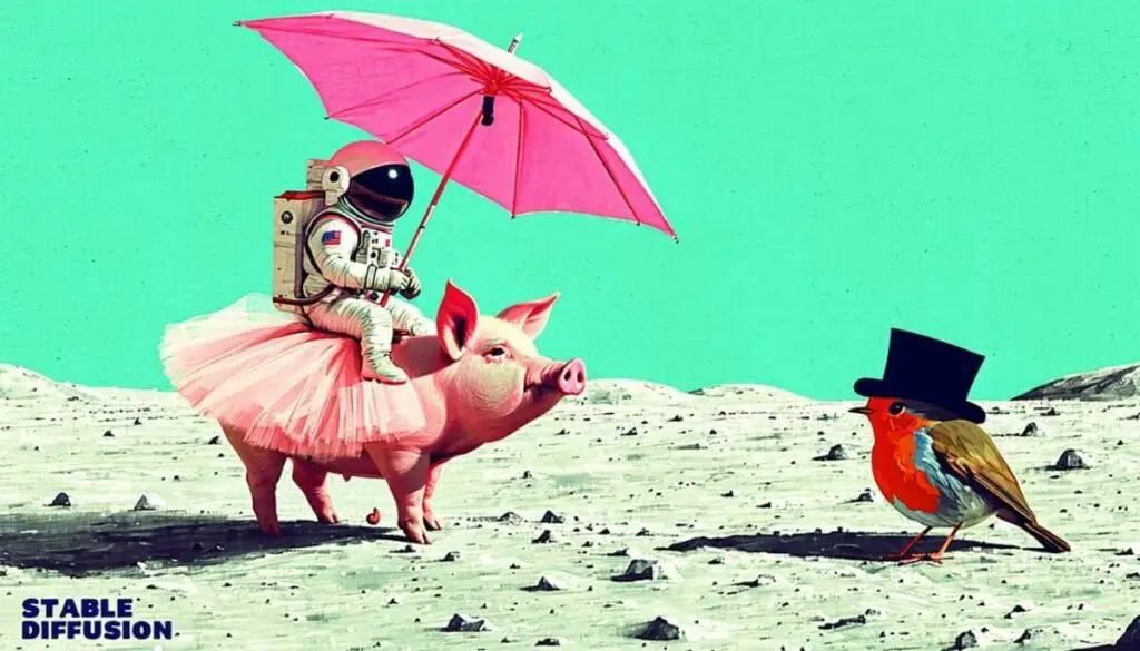 astronaut riding pig pink umbrella bird