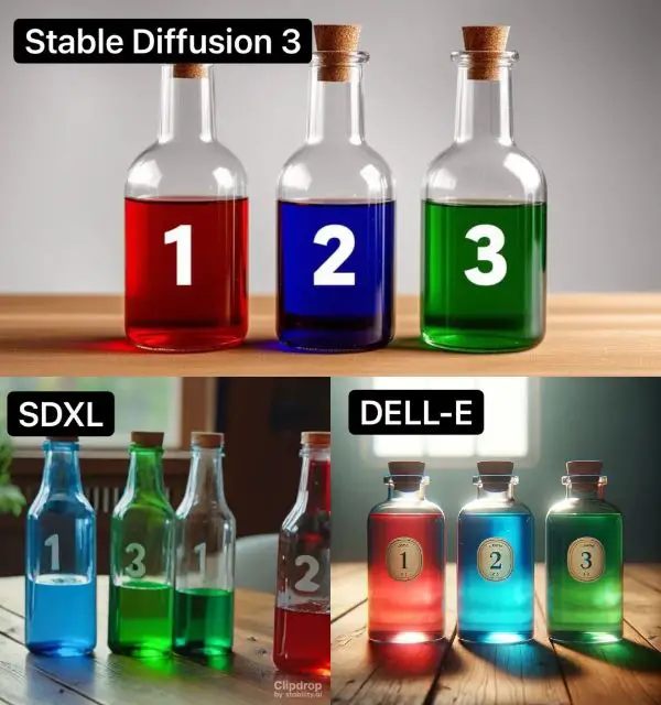 sd3 sdxl delle Three transparent glass bottles