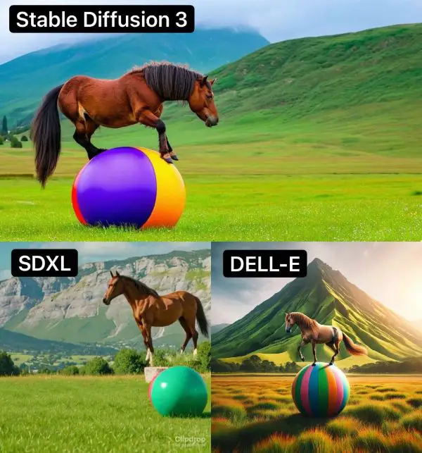 sd3 sdxl delle horse balancing on top colorful ball