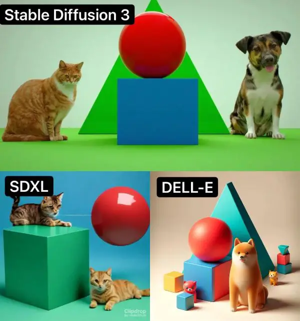 sd3 sdxl delle red sphere blue cube cat dog